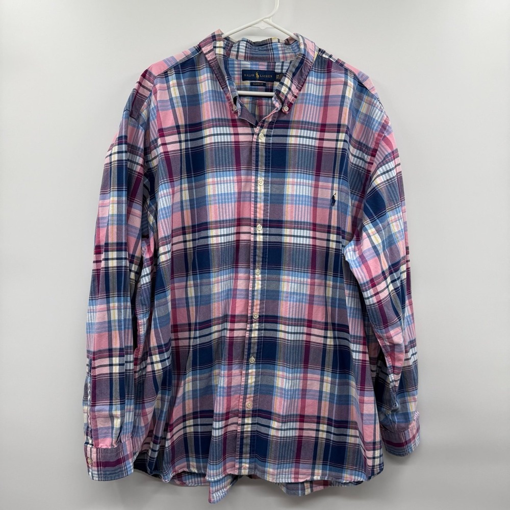 Men's Ralph Lauren button down long sleeve plaid pink blue pony size 3XB classic